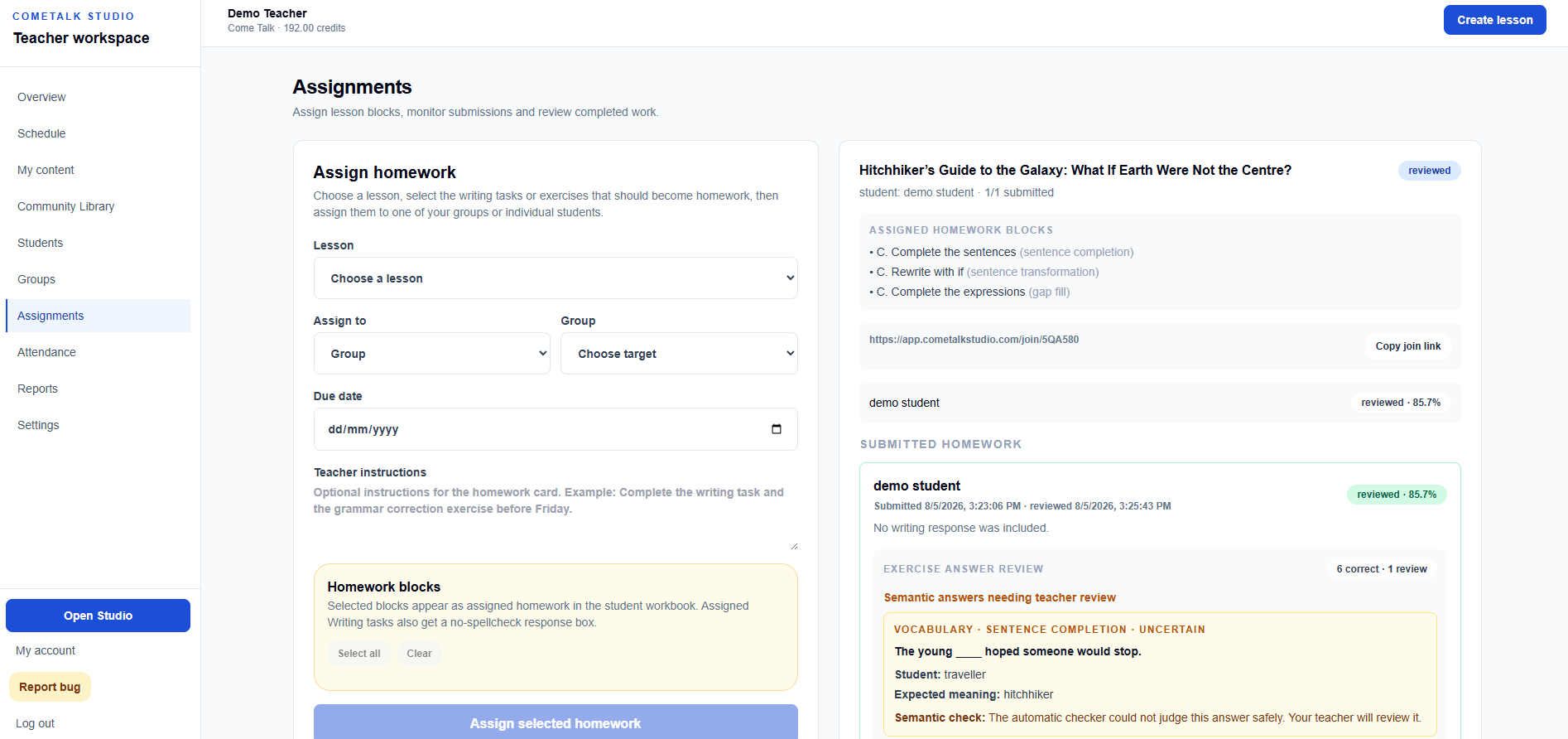 Real CTS assignments page showing submitted homework and semantic answer requiring teacher review
