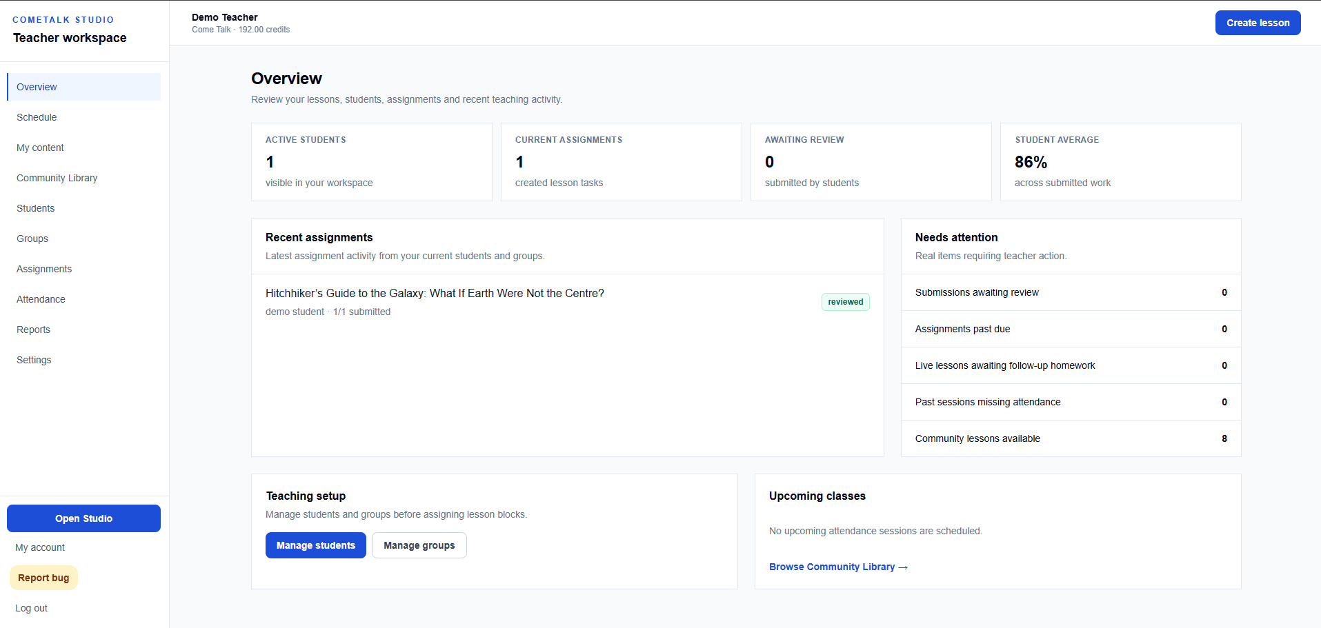 Real ComeTalk Studio Teacher Dashboard showing active students, assignments, review status and student average