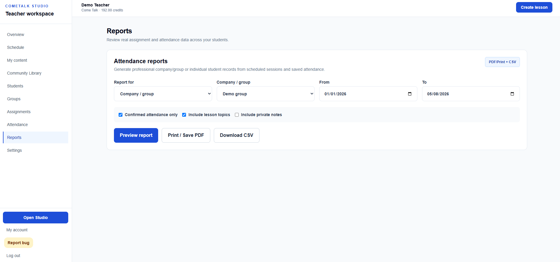 CTS reporting page with PDF and CSV export controls