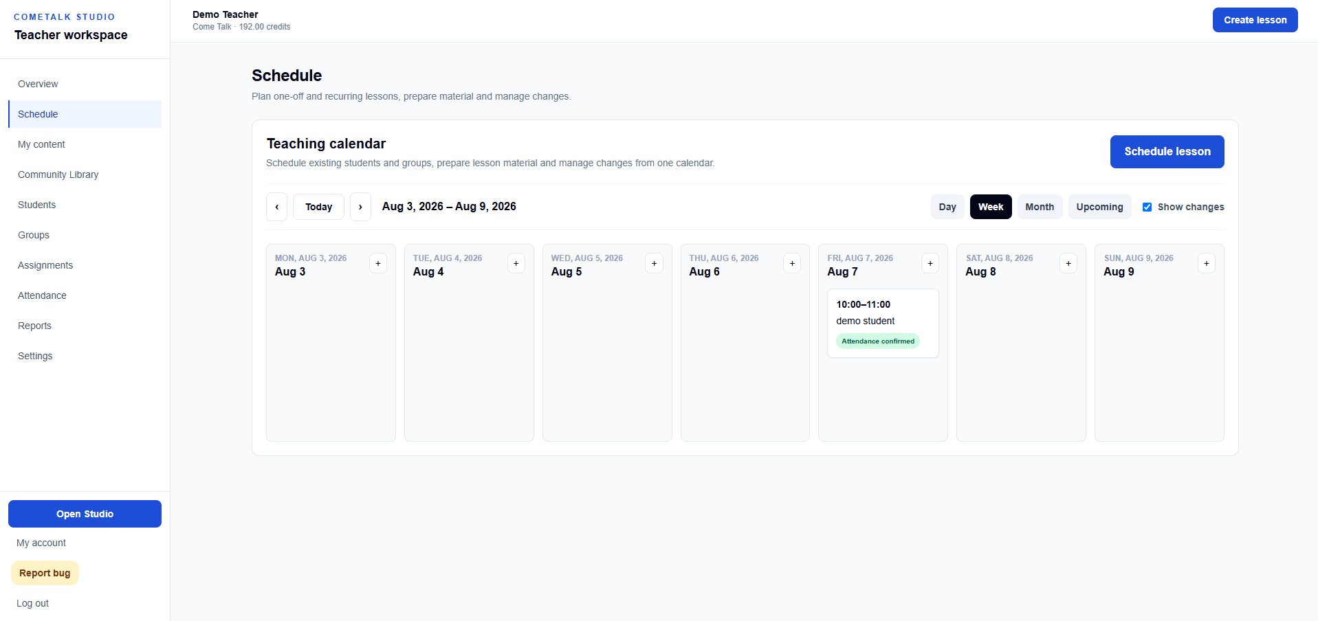 CTS teaching calendar for scheduling one-off and recurring lessons