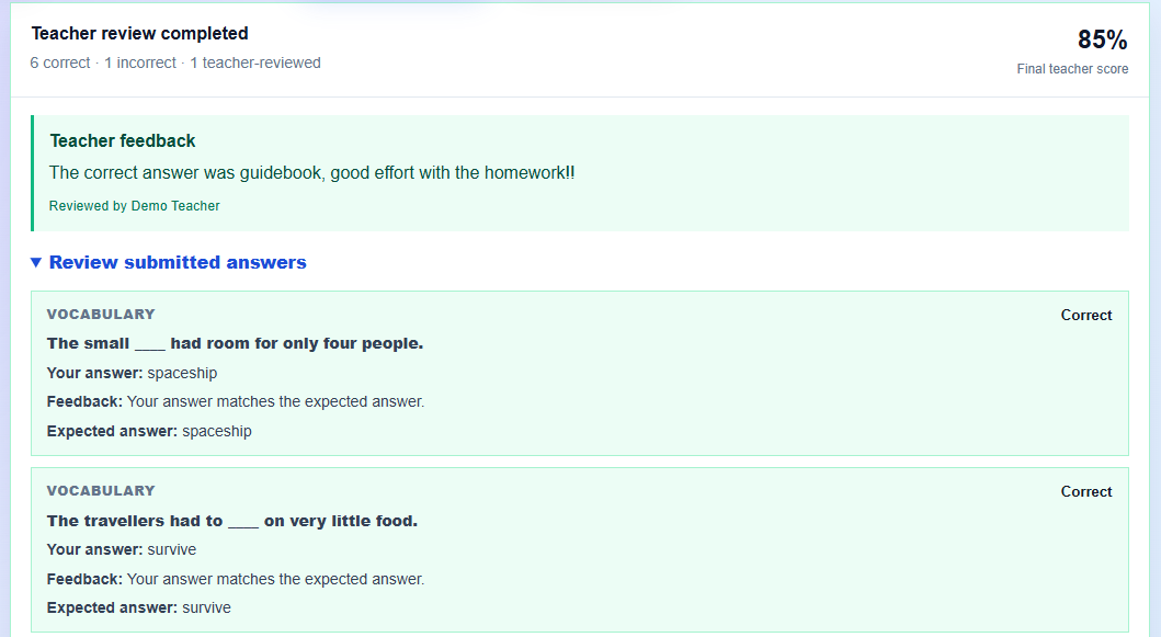 Real CTS teacher feedback and reviewed student answers